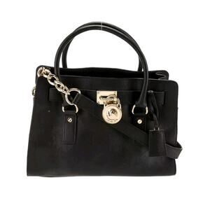 Michael Kors Saffiano Leather Hamilton Tote Medium Black Gold Hardware Work Bag